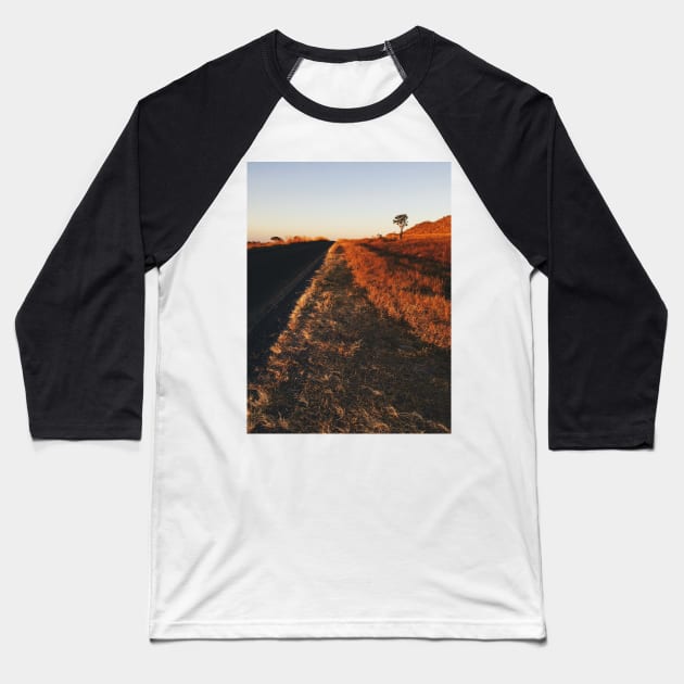 Single Tree in Dry Grassland in Warm Sunset Light Baseball T-Shirt by visualspectrum